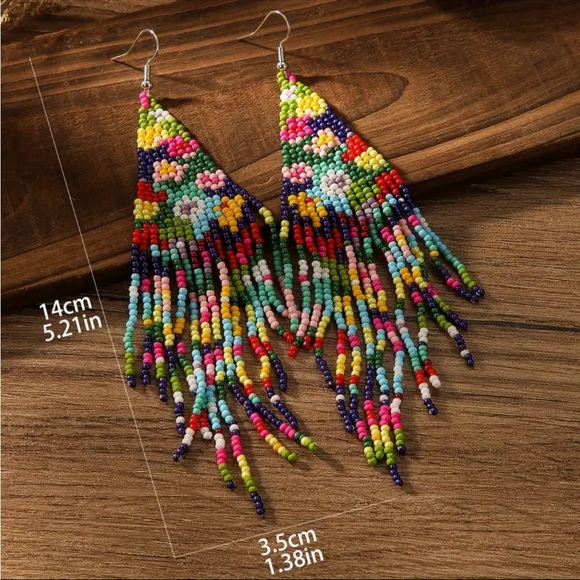 Handmade Navy Rainbow Floral Seed Bead Dangle Earrings - Picture 4 of 11